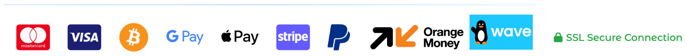Mastercard, Visa, Bitcoin, Google Pay, Apple Pay, Stripe, PayPal, Orange Money, Wave et SSL Secure Connection